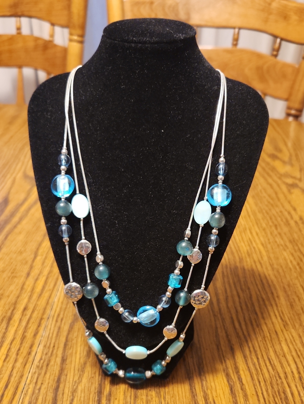 Vintage Multi-Strand Blue Beaded Statement Necklace Silver Tone Layered Boho